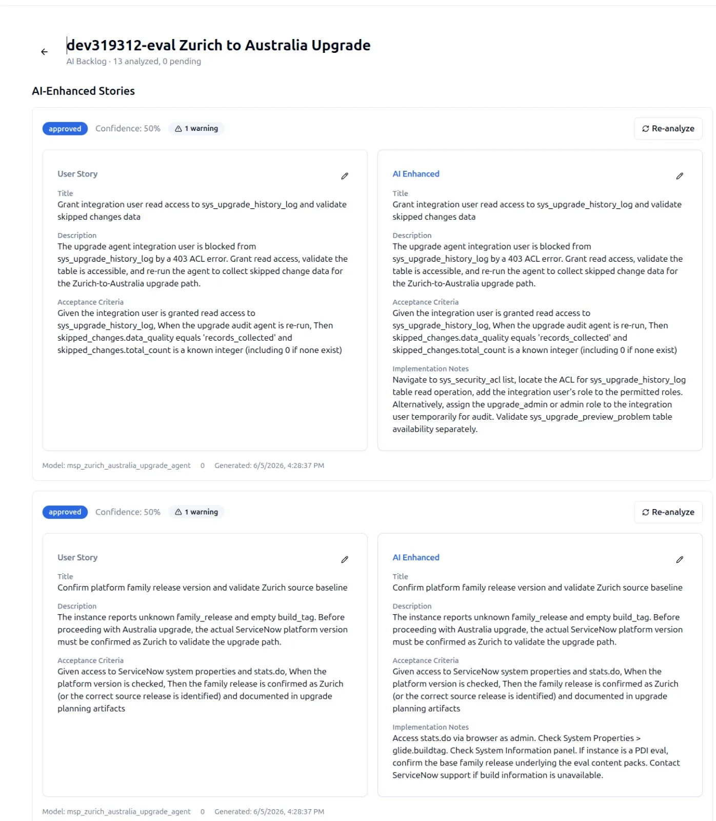 AI-Enhanced Stories backlog inside the Yeti Build Agent. Each row shows the original User Story alongside an AI Enhanced version, with title, description, acceptance criteria, and implementation notes. An Approved confidence badge sits above each pair.